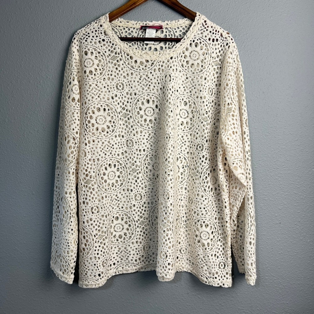 Say What? Y2K Crochet Lace Top 3X Cream Blouse Boho‎ Bohemian Cottagecore L/SL